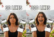 Cómo crear un impulso de engagement en Instagram Imagen dividida de mujer latina creadora de contenido con teléfonos, mostrando baja interacción (30 likes, expresión triste) y alta interacción (300 likes, expresión feliz). Simboliza el antes y después de estrategias de crecimiento en redes sociales para emprendedores digitales.