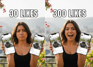 Cómo crear un impulso de engagement en Instagram Imagen dividida de mujer latina creadora de contenido con teléfonos, mostrando baja interacción (30 likes, expresión triste) y alta interacción (300 likes, expresión feliz). Simboliza el antes y después de estrategias de crecimiento en redes sociales para emprendedores digitales.