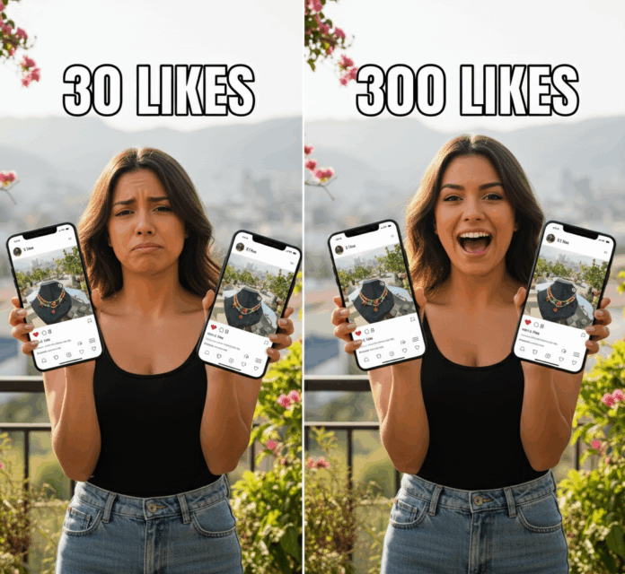 imagen-mejorar-engagement Imagen dividida de mujer latina creadora de contenido con teléfonos, mostrando baja interacción (30 likes, expresión triste) y alta interacción (300 likes, expresión feliz). Simboliza el antes y después de estrategias de crecimiento en redes sociales para emprendedores digitales.