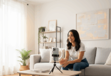 Cómo aumentar visitantes en vivo en Instagram y Facebook oven creadora de contenido latina graba video para redes sociales en sala moderna. Mujer sonriente con camiseta de marca y jeans, sentada en sofá gris frente a su smartphone con aro de luz. Ideal para marketing digital y emprendedores latinos.