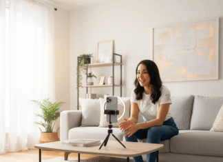 Cómo aumentar visitantes en vivo en Instagram y Facebook oven creadora de contenido latina graba video para redes sociales en sala moderna. Mujer sonriente con camiseta de marca y jeans, sentada en sofá gris frente a su smartphone con aro de luz. Ideal para marketing digital y emprendedores latinos.