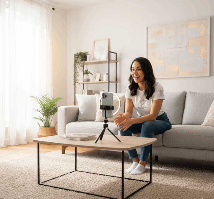oven creadora de contenido latina graba video para redes sociales en sala moderna. Mujer sonriente con camiseta de marca y jeans, sentada en sofá gris frente a su smartphone con aro de luz. Ideal para marketing digital y emprendedores latinos.