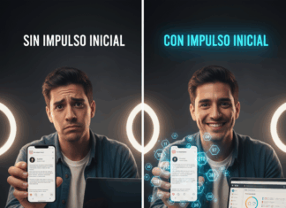 Cómo usar servicios de impulso en TikTok para emprendedores latinos en 2026 Imagen dividida mostrando a un emprendedor latino. A la izquierda, el hombre con expresión triste y el texto 'SIN IMPULSO INICIAL' sostiene un smartphone mostrando un post con pocos likes. A la derecha, con expresión feliz y el texto en neón 'CON IMPULSO INICIAL', muestra un smartphone con un video viral y muchos likes, junto a una laptop con el dashboard de Instante.net. Ilustra el impacto de los servicios de impulso en la visibilidad de contenido en TikTok