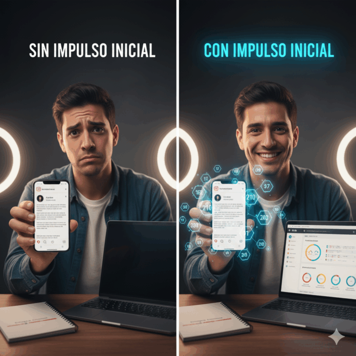 Imagen dividida mostrando a un emprendedor latino. A la izquierda, el hombre con expresión triste y el texto 'SIN IMPULSO INICIAL' sostiene un smartphone mostrando un post con pocos likes. A la derecha, con expresión feliz y el texto en neón 'CON IMPULSO INICIAL', muestra un smartphone con un video viral y muchos likes, junto a una laptop con el dashboard de Instante.net. Ilustra el impacto de los servicios de impulso en la visibilidad de contenido en TikTok
