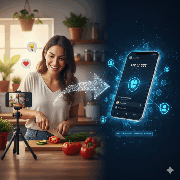 Mujer sonriente grabando un video de cocina con su smartphone en un trípode, mostrando ingredientes frescos en una cocina hogareña. A su derecha, un teléfono flotante con una interfaz digital azul muestra altos números de interacción y un icono de escudo, con flechas de conexión que simulan un impulso tecnológico. La imagen simboliza la combinación de contenido auténtico y servicios de impulso para el crecimiento en redes sociales.