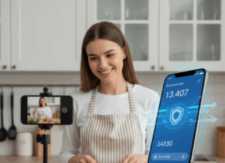 Cómo preparar tu cuenta de Instagram para el cierre del año con servicios de impulso seguros imagen deuna mujer joven delante de un smartphone haciendo un live desde su cocina