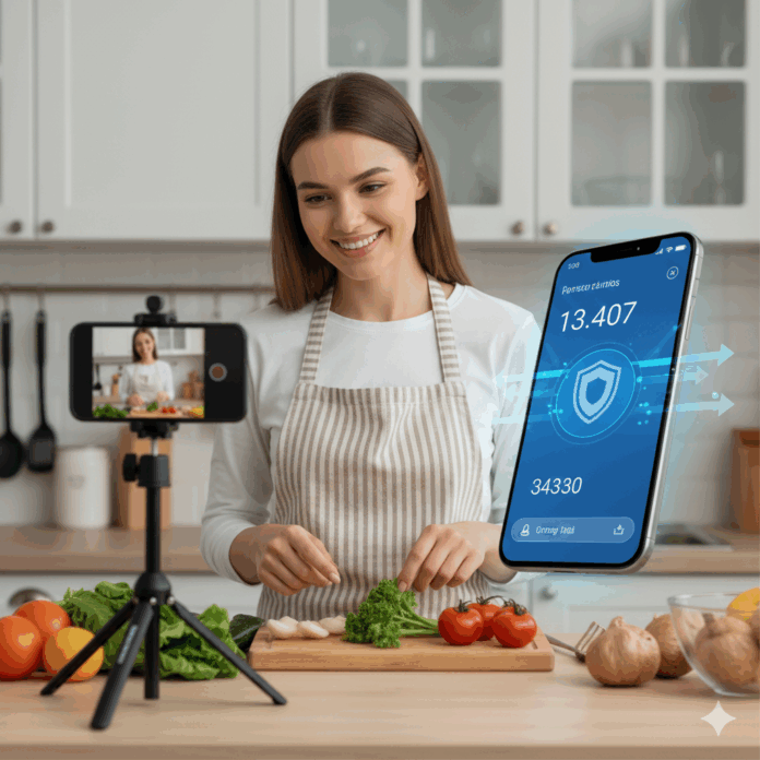 imagen deuna mujer joven delante de un smartphone haciendo un live desde su cocina