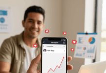Aprende cómo utilizar servicios de impulso en Instagram para generar más interés Mano sosteniendo un smartphone que muestra una pantalla de Instagram con un gráfico de crecimiento ascendente de likes y corazones flotantes. En el fondo, un joven latino sonriente está sentado en un escritorio con un laptop y papeles de análisis, sugiriendo estrategia y éxito. La imagen representa el uso de servicios de impulso para generar interés y aumentar la visibilidad en Instagram.