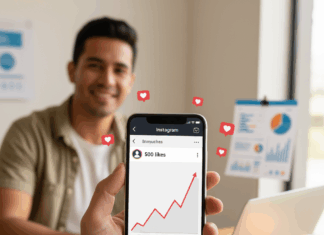Aprende cómo utilizar servicios de impulso en Instagram para generar más interés Mano sosteniendo un smartphone que muestra una pantalla de Instagram con un gráfico de crecimiento ascendente de likes y corazones flotantes. En el fondo, un joven latino sonriente está sentado en un escritorio con un laptop y papeles de análisis, sugiriendo estrategia y éxito. La imagen representa el uso de servicios de impulso para generar interés y aumentar la visibilidad en Instagram.