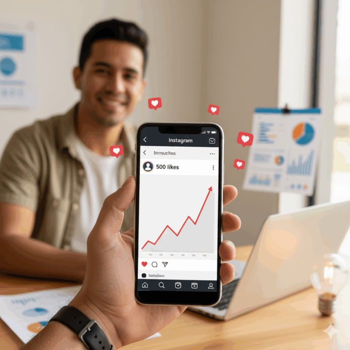 Mano sosteniendo un smartphone que muestra una pantalla de Instagram con un gráfico de crecimiento ascendente de likes y corazones flotantes. En el fondo, un joven latino sonriente está sentado en un escritorio con un laptop y papeles de análisis, sugiriendo estrategia y éxito. La imagen representa el uso de servicios de impulso para generar interés y aumentar la visibilidad en Instagram.