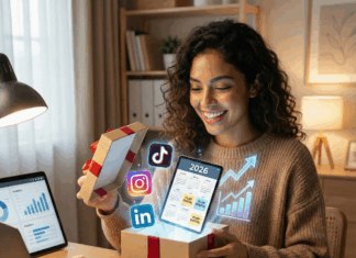 Date un regalo para tus redes: cómo preparar tu presencia digital para 2026 Joven mujer latina sonriente en su oficina en casa, abriendo una caja de regalo. De la caja emergen íconos digitales flotantes de Instagram, TikTok, LinkedIn, un gráfico de crecimiento ascendente y una tableta con un calendario que dice '2026 PLAN DIGITAL'. En el escritorio hay un portátil con análisis y una agenda. La imagen representa la planificación estratégica de la presencia digital para 2026.