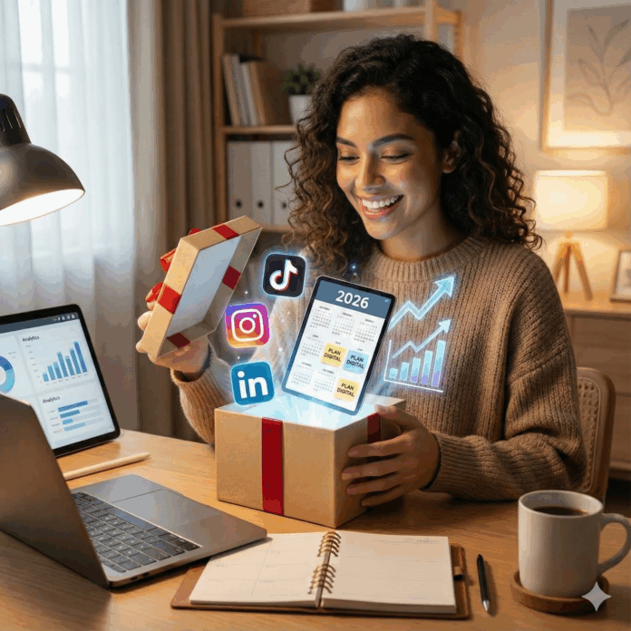 Joven mujer latina sonriente en su oficina en casa, abriendo una caja de regalo. De la caja emergen íconos digitales flotantes de Instagram, TikTok, LinkedIn, un gráfico de crecimiento ascendente y una tableta con un calendario que dice '2026 PLAN DIGITAL'. En el escritorio hay un portátil con análisis y una agenda. La imagen representa la planificación estratégica de la presencia digital para 2026.