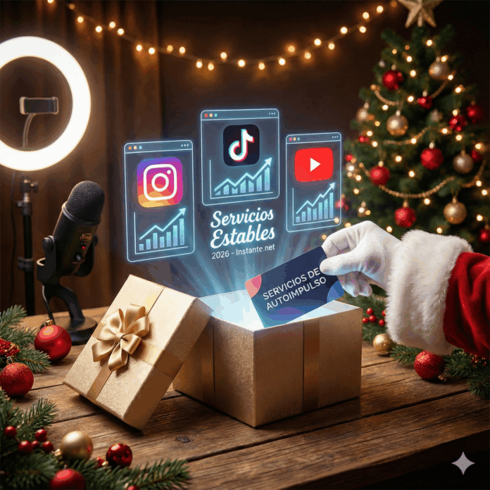 Fotografía de estilo navideño que muestra una mano con un guante de Santa Claus depositando una tarjeta azul con el texto "SERVICIOS DE AUTOIMPULSO" dentro de una caja de regalo dorada y abierta sobre una mesa de madera rústica. De la caja emergen iconos holográficos brillantes de Instagram, TikTok y YouTube, cada uno con gráficos de crecimiento ascendente, y el texto "Servicios Estables 2026 - Instante.net" en el centro. El fondo festivo incluye un árbol de Navidad decorado e iluminado, luces cálidas, un micrófono profesional y un anillo de luz.