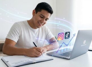 Año nuevo, redes nuevas: cómo empezar 2026 con el pie derecho Plano medio de un creador de contenido latino sentado en un escritorio moderno y organizado, escribiendo en una agenda abierta que marca el año '2026'. Frente a él, un ordenador portátil muestra gráficas de crecimiento en redes sociales e íconos de Instagram y TikTok. La iluminación es clara y motivadora, sugiriendo un nuevo comienzo. Elementos visuales sutiles en tonos azul y lila flotan alrededor, simbolizando la estrategia digital y el impulso tecnológico para el nuevo año.