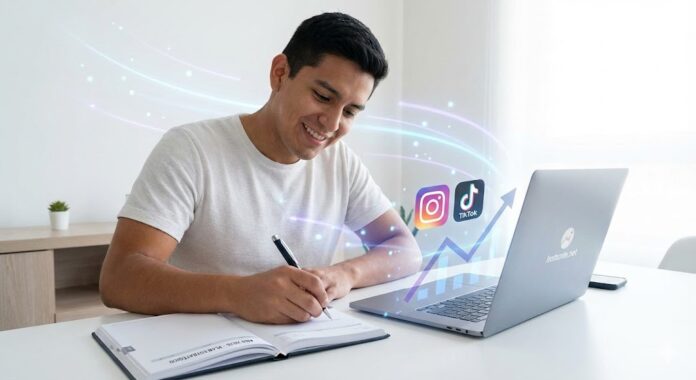 Plano medio de un creador de contenido latino sentado en un escritorio moderno y organizado, escribiendo en una agenda abierta que marca el año '2026'. Frente a él, un ordenador portátil muestra gráficas de crecimiento en redes sociales e íconos de Instagram y TikTok. La iluminación es clara y motivadora, sugiriendo un nuevo comienzo. Elementos visuales sutiles en tonos azul y lila flotan alrededor, simbolizando la estrategia digital y el impulso tecnológico para el nuevo año.