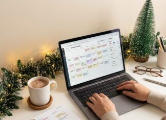 Cómo mantener tu estrategia en redes durante las fiestas de fin de año Manos de mujer con un anillo y un suéter beige escribiendo en una laptop, cuya pantalla muestra un calendario de contenidos con notas como "Content Calendar" y "Analytics". Al lado, un cuaderno abierto con el título "ESTRATEGIA FIESTAS" y notas manuscritas, junto a una taza de bebida caliente, gafas y decoración navideña con luces y un pequeño árbol en un escritorio blanco. La escena es cálida y hogareña.