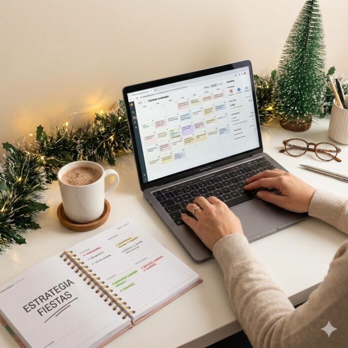 Manos de mujer con un anillo y un suéter beige escribiendo en una laptop, cuya pantalla muestra un calendario de contenidos con notas como "Content Calendar" y "Analytics". Al lado, un cuaderno abierto con el título "ESTRATEGIA FIESTAS" y notas manuscritas, junto a una taza de bebida caliente, gafas y decoración navideña con luces y un pequeño árbol en un escritorio blanco. La escena es cálida y hogareña.