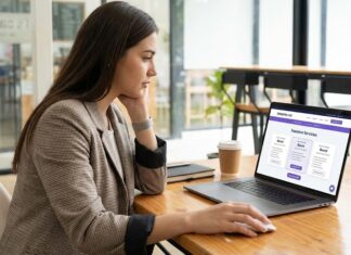 Errores comunes al usar servicios de impulso (y cómo evitarlos) Una joven profesional de marketing o emprendedora, vestida con un blazer de cuadros, sentada en un escritorio de madera en un espacio de co-working moderno y bien iluminado. Mira con concentración la pantalla de su laptop abierta, que muestra la página de "Nuestros Servicios" del sitio web Instante.net con diferentes opciones de planes. Su mano derecha está sobre el mouse, en actitud de tomar una decisión o hacer clic para seleccionar un servicio de impulso.