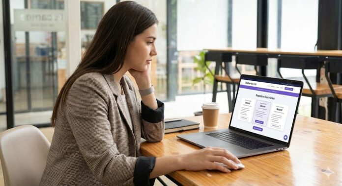 instatesocio-blog-8ene Una joven profesional de marketing o emprendedora, vestida con un blazer de cuadros, sentada en un escritorio de madera en un espacio de co-working moderno y bien iluminado. Mira con concentración la pantalla de su laptop abierta, que muestra la página de "Nuestros Servicios" del sitio web Instante.net con diferentes opciones de planes. Su mano derecha está sobre el mouse, en actitud de tomar una decisión o hacer clic para seleccionar un servicio de impulso.