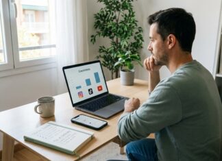 Cómo elegir servicios de impulso según tu objetivo imagen realista y profesional que represente a un creador de contenido analizando opciones estratégicas para crecer en redes sociales. La escena muestra a una persona frente a una laptop y un teléfono móvil, observando gráficos simples de crecimiento, iconos de redes sociales y elementos de planificación (checklists, calendarios, objetivos).