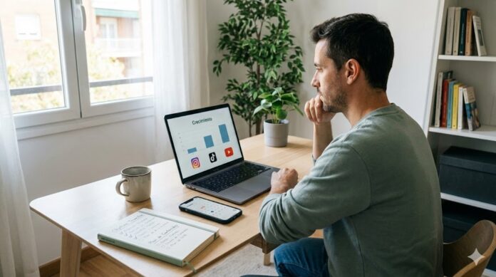 imagen realista y profesional que represente a un creador de contenido analizando opciones estratégicas para crecer en redes sociales. La escena muestra a una persona frente a una laptop y un teléfono móvil, observando gráficos simples de crecimiento, iconos de redes sociales y elementos de planificación (checklists, calendarios, objetivos).