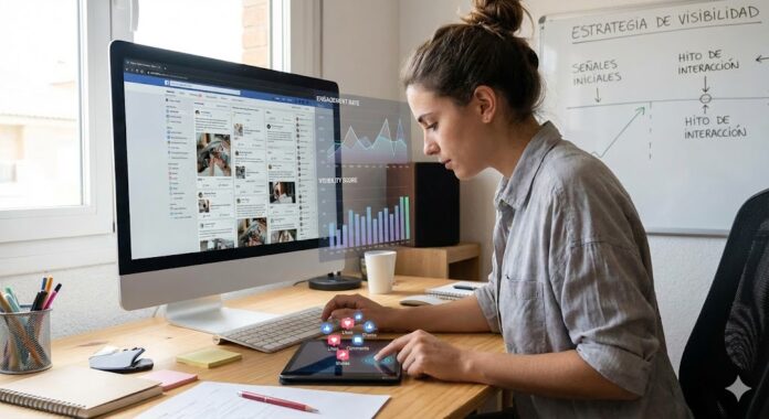 Creador analizando contenido en un feed saturado con gráficos de engagement, señales iniciales de interacciones y estrategias de visibilidad en redes sociales.