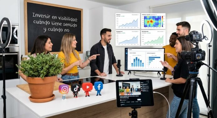 Representación visual de inversión en visibilidad en redes sociales, gráficos de métricas y señales de audiencia para decisiones estratégicas.