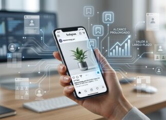 Guardados en Instagram: la señal silenciosa que puede aumentar tu alcance interfaz de Instagram mostrando una publicación guardada mientras gráficos de alcance y engagement aumentan alrededor del contenido.