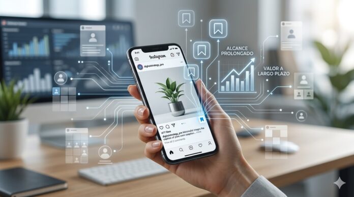 interfaz de Instagram mostrando una publicación guardada mientras gráficos de alcance y engagement aumentan alrededor del contenido.
