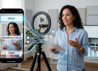 Plantilla de guion que usan cuentas que crecen rápido en Instagram creador grabando un reel con estructura de guion en Instagram mostrando hook, contenido y engagement en pantalla