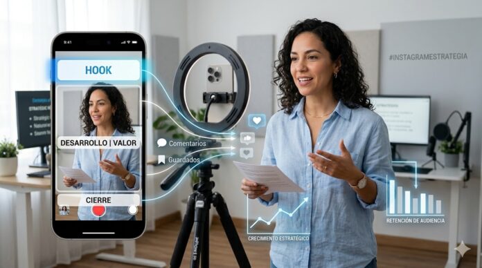 creador grabando un reel con estructura de guion en Instagram mostrando hook, contenido y engagement en pantalla