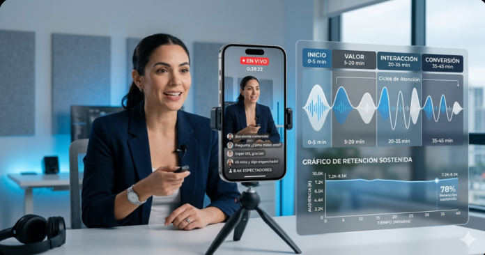 creador realizando live de larga duración con bloques de contenido y audiencia interactuando en tiempo real