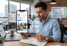 Cómo optimizar tu perfil de redes sociales (y casi nadie lo hace en 2026) persona revisando y optimizando su perfil de redes sociales con enfoque en bio, contenido fijado y métricas de interacción