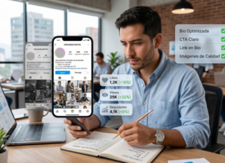 Cómo optimizar tu perfil de redes sociales (y casi nadie lo hace en 2026) persona revisando y optimizando su perfil de redes sociales con enfoque en bio, contenido fijado y métricas de interacción
