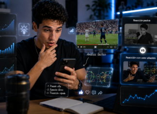 Cómo usar videos de reacción para conseguir más visitas en 2026 (lo que casi nadie hace bien) creador grabando video de reacción en redes sociales agregando comentarios y análisis sobre contenido viral