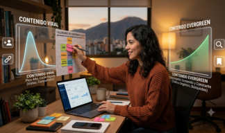 Viral vs. Evergreen: el contenido que hace crecer tu cuenta (que hacen diferente quienes sí lo entienden) creador de contenido planificando una estrategia con publicaciones virales y contenido evergreen para crecer de forma constante en redes sociales