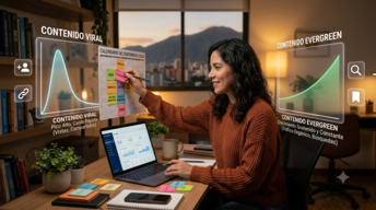 instante-servicios-de-impulso-viral-vs-evergreen creador de contenido planificando una estrategia con publicaciones virales y contenido evergreen para crecer de forma constante en redes sociales
